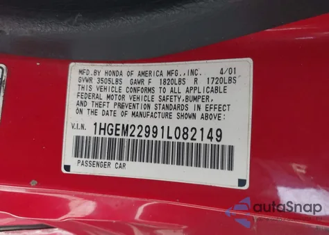 2001 Honda Civic Ex из США, поврежденный, VIN 1HGEM22991L082149